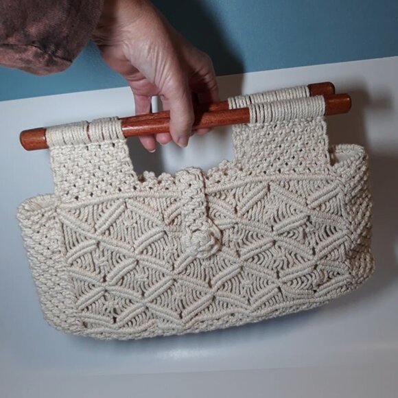 1970s Cotton Macrame and Wood Top-Handled Purse, 70’s Boho Handbag Philippines - Picture 8 of 9